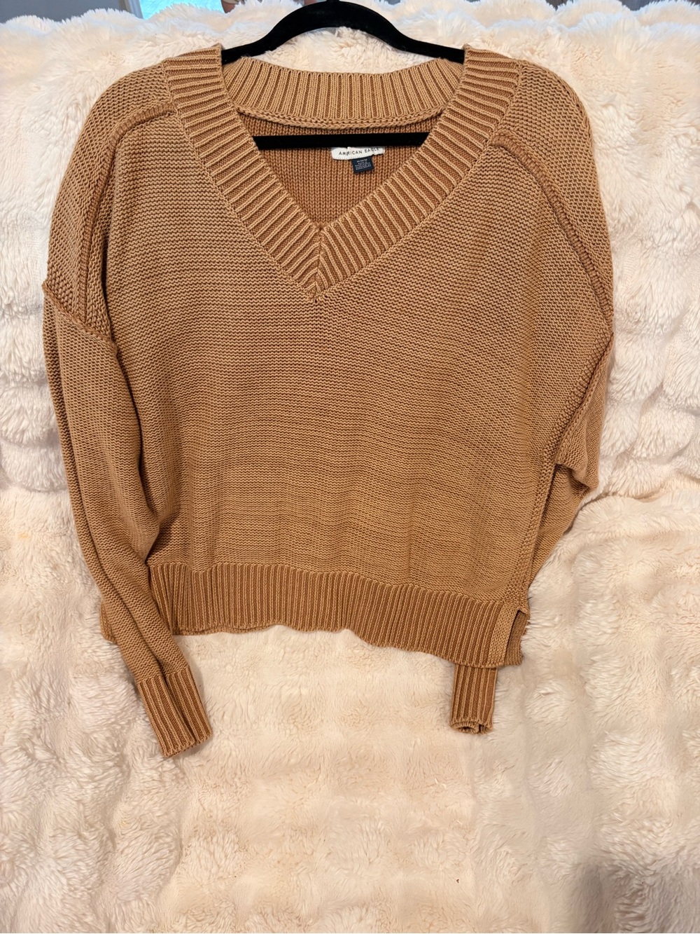 American Eagal Cozy V-Neck Knit Sweater - Camel